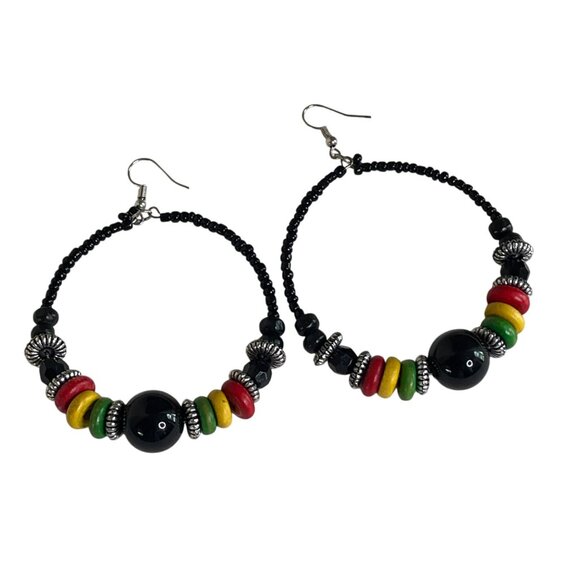Jamaican Rasta Beaded Hoop Earrings Black Beads Red Yellow Green Accents u - Picture 2 of 4